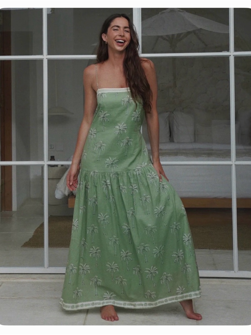 Kivari Kaelia Strappy Maxi Dress - Sage Green with Ivory Trim - Picture 2 of 2